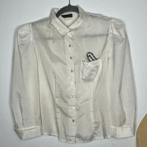 vtg 70s polka dot cream button up blouse statement puff‎ sleeves sheer Medium - Picture 10 of 12